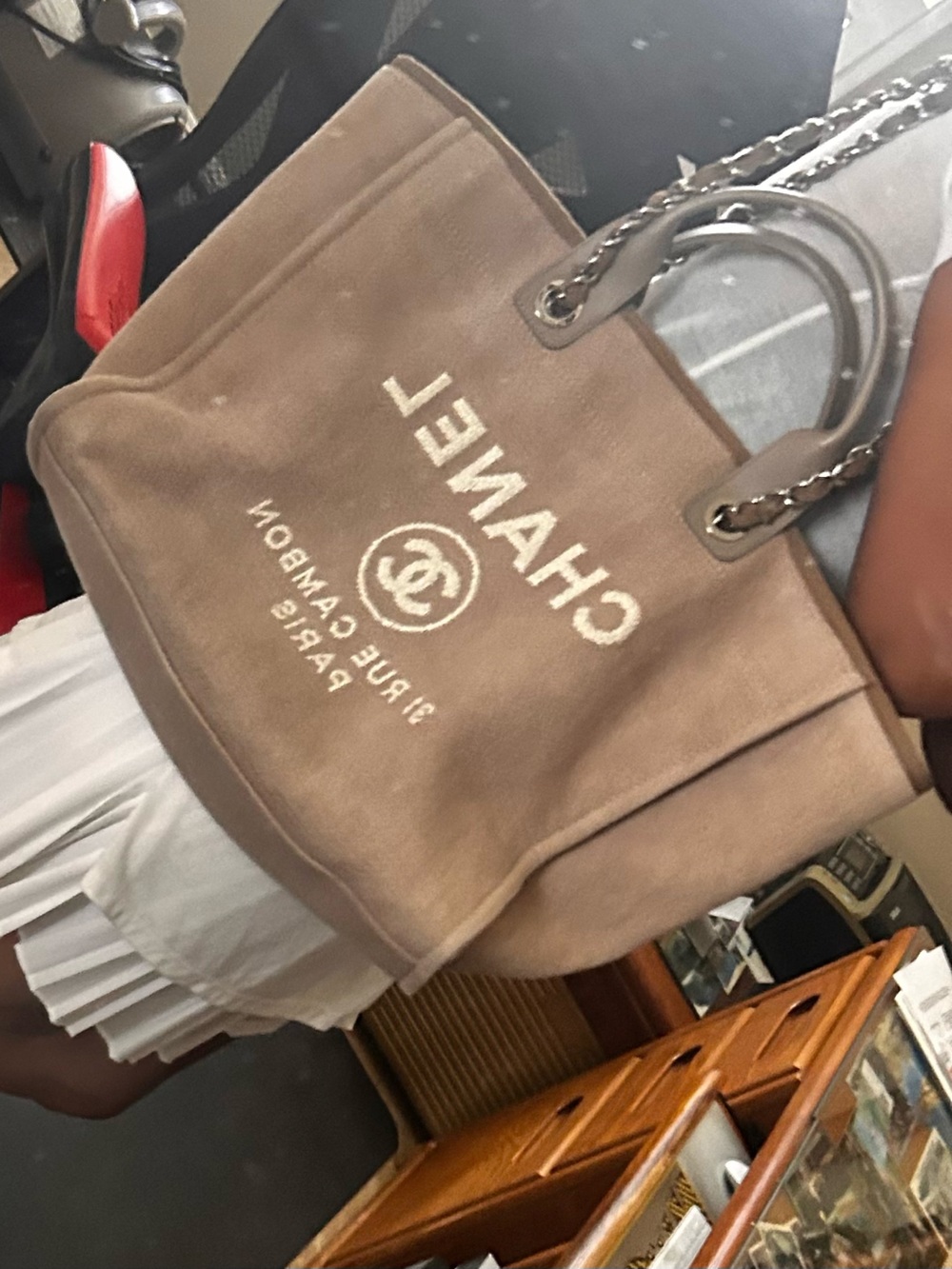 CHANEL maxi Taupe Canvas Tote with Logo and Chain-Trim Handles